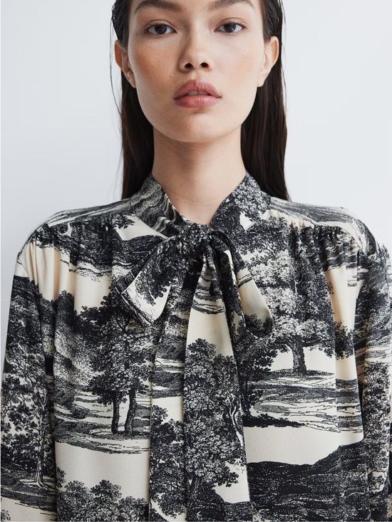 H&M Black and Cream Scenic Print Tie-Neck Midi Dress - Picture 4 of 12